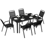 7 Piece Garden Dining Set with Stackable Chairs and Umbrella Hole, Black