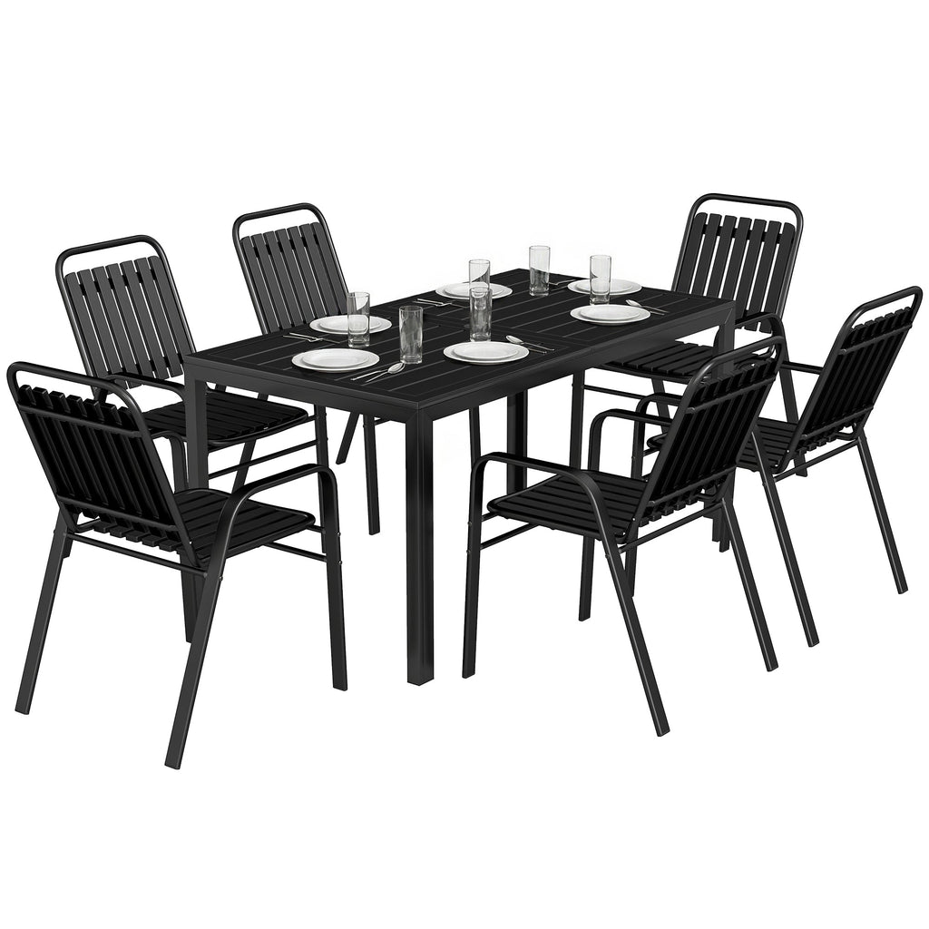7 Piece Garden Dining Set with Stackable Chairs and Umbrella Hole, Black