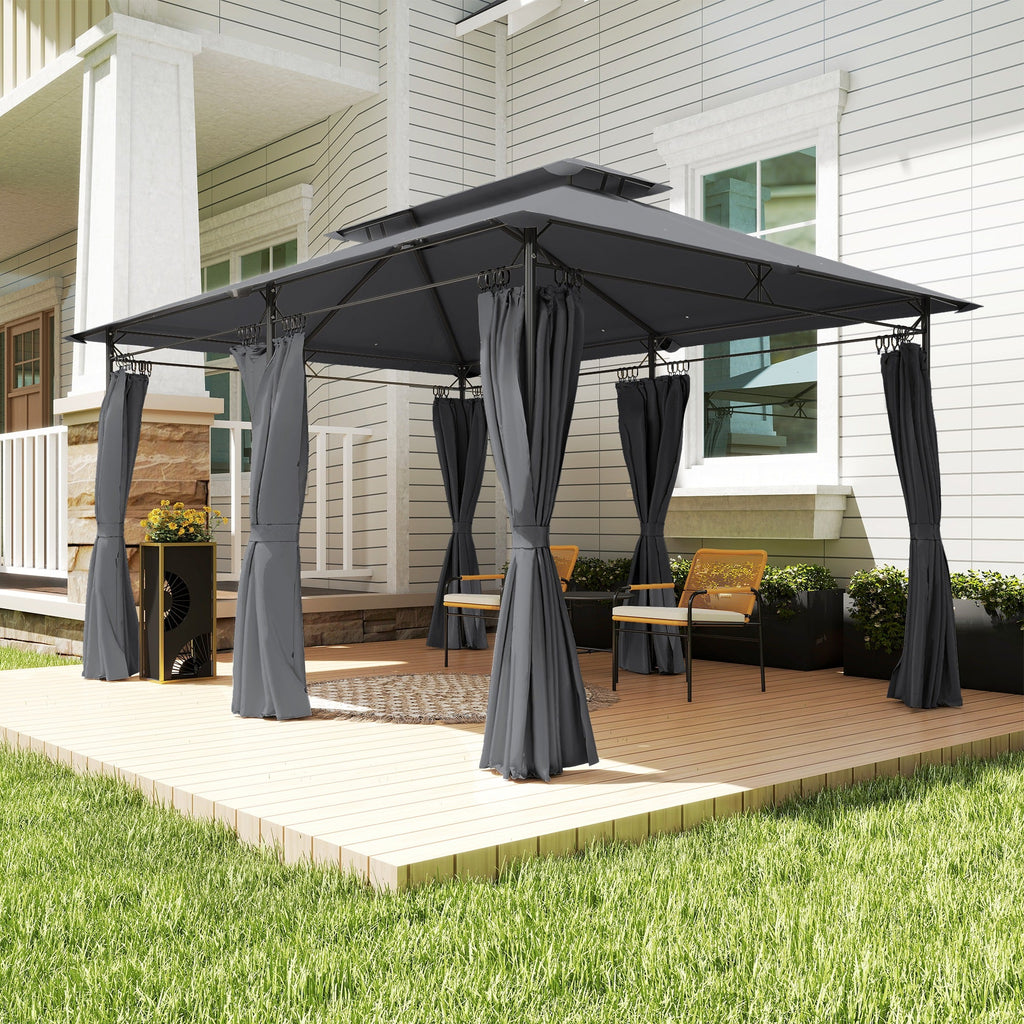 10' x 13' Patio Gazebo with Double Roof and Curtains, Grey
