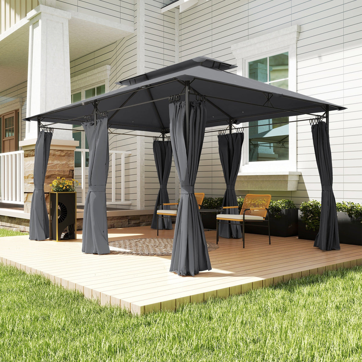 10' x 13' Patio Gazebo with Double Roof and Curtains, Grey