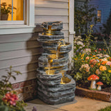 6-Tier Resin Rock Garden Fountain with Cascading Waterfall and LED Lights, Grey