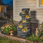 6-Tier Resin Rock Garden Fountain with Cascading Waterfall and LED Lights, Grey