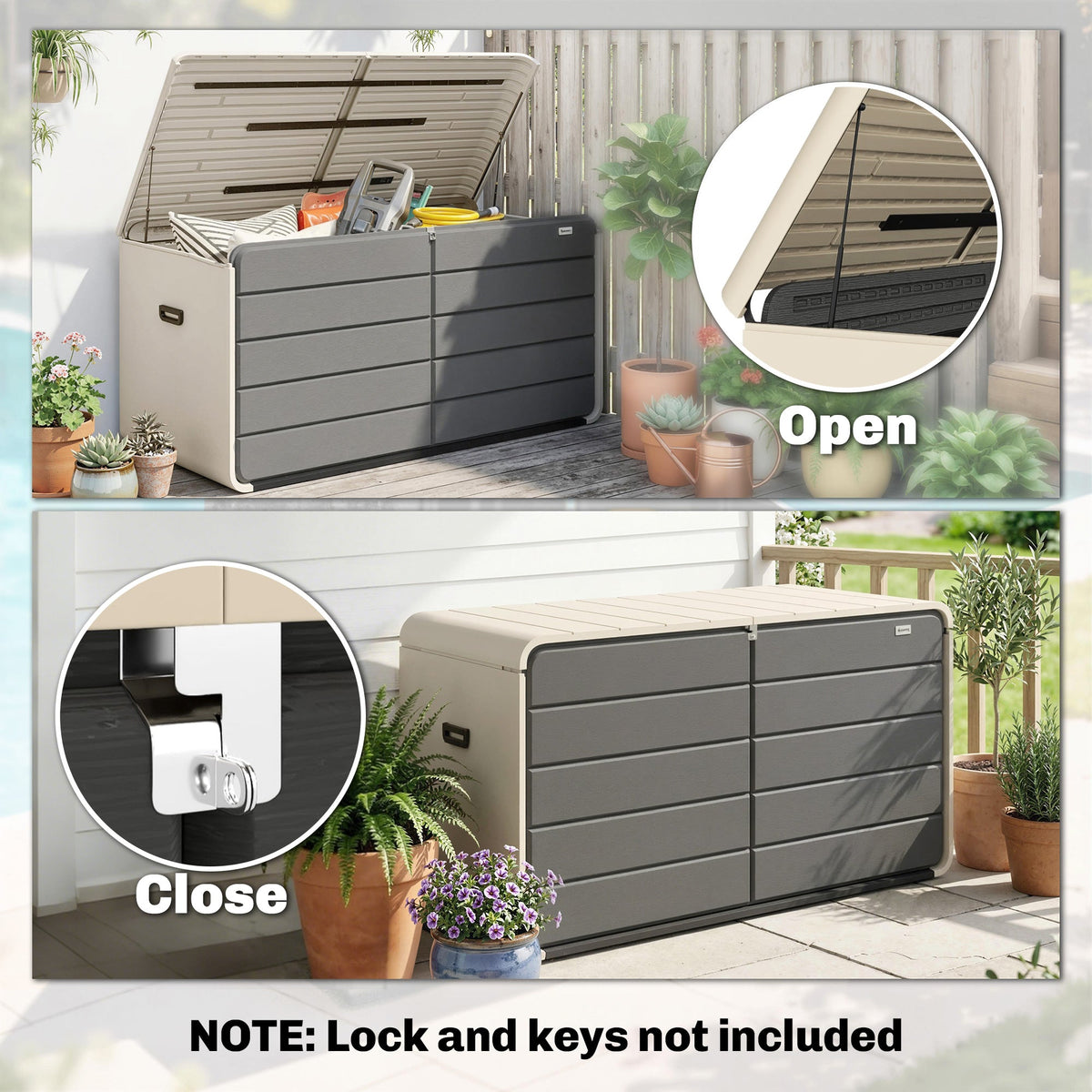 757 L Garden Storage Box with Wheels and Lockable Lid, Beige/Grey