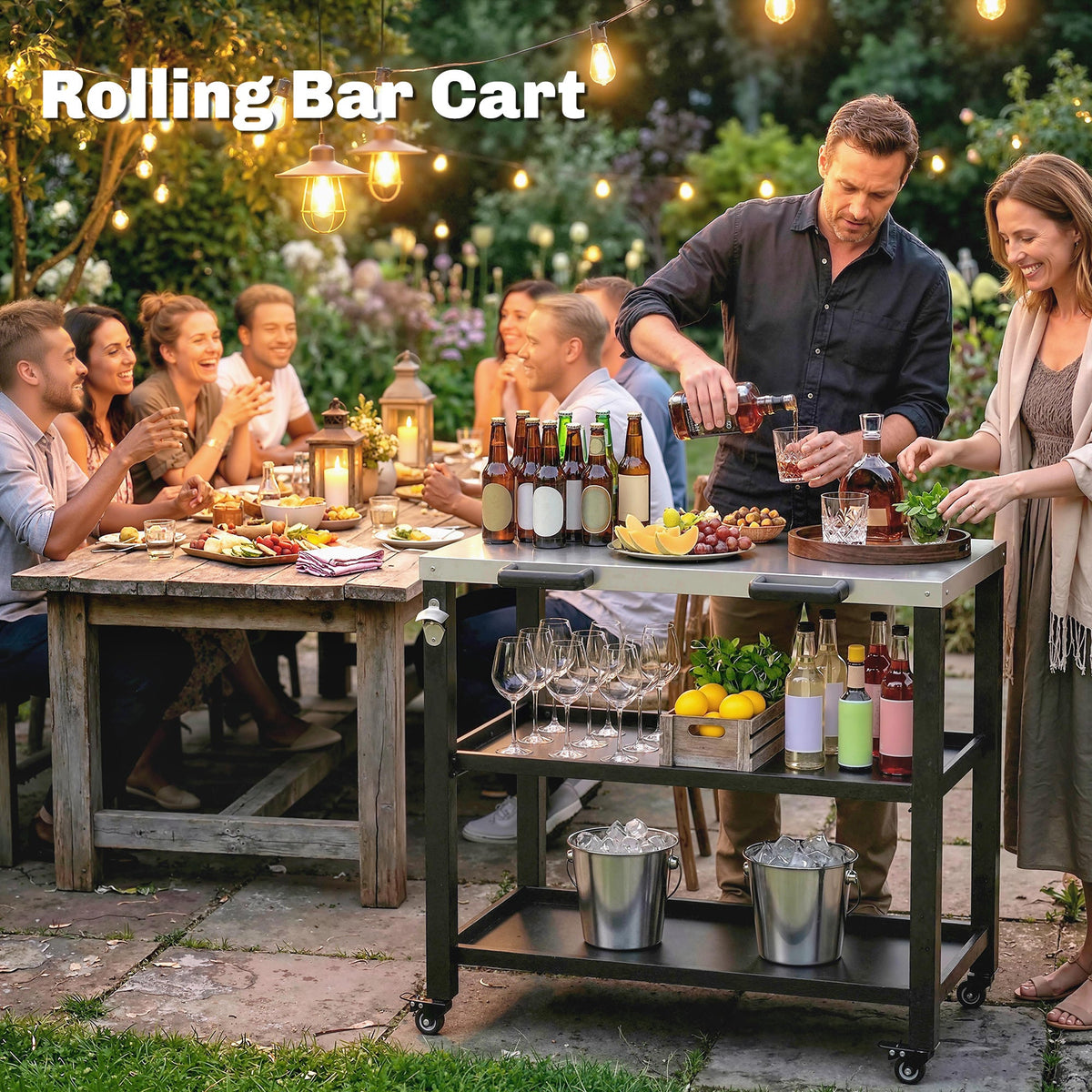 Outdoor Grill Cart with Stainless Steel Top, 2 Shelves and Lockable Wheels, Black