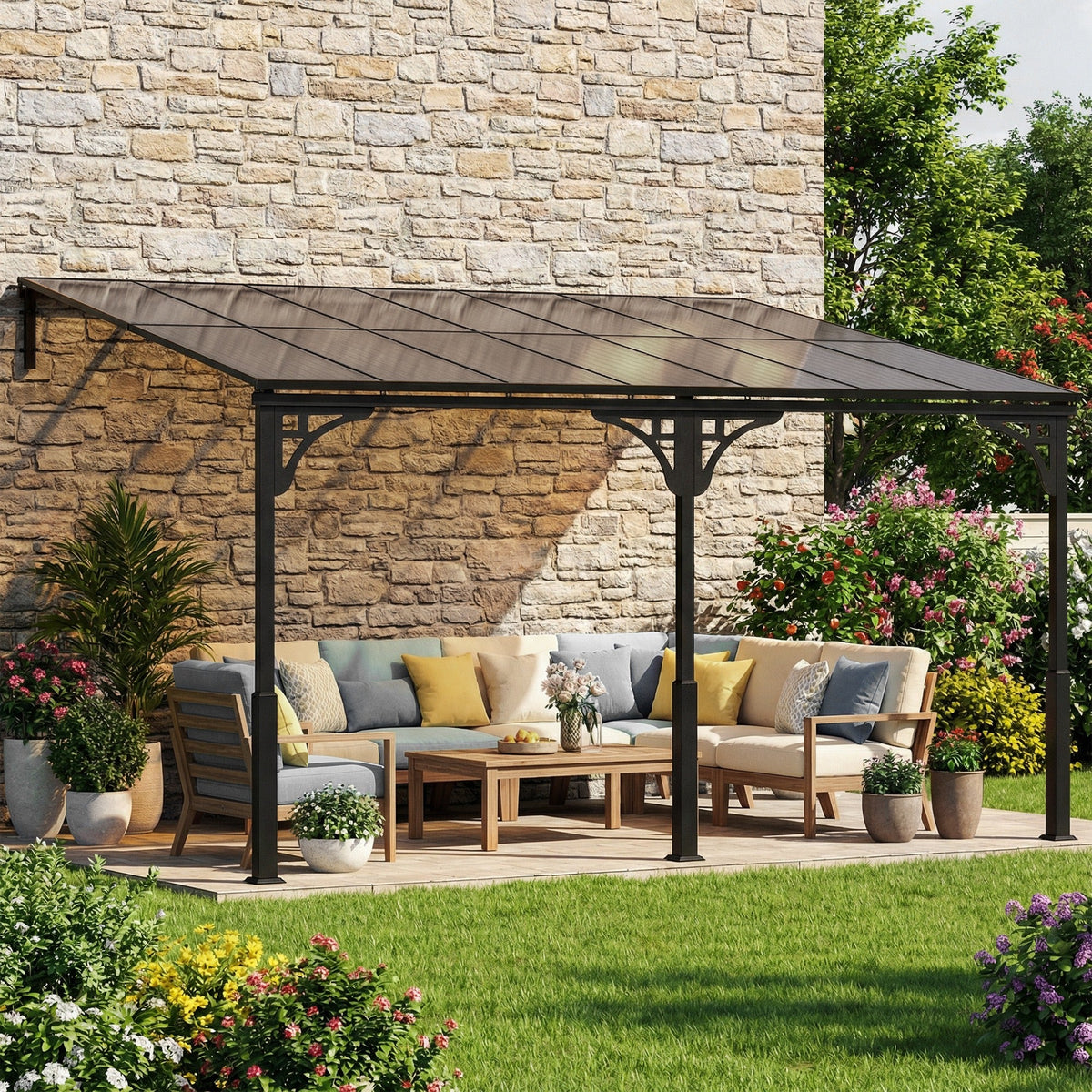 4 x 3 m Metal Lean-to Pergola with Polycarbonate Roof, Brown
