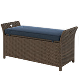 2-in-1 Patio Wicker Storage Bench, 29 Gallon with Cushion, Navy Blue