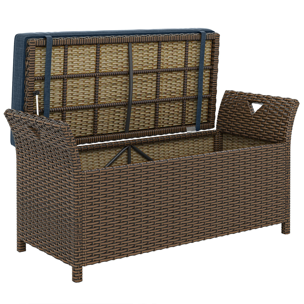 2-in-1 Patio Wicker Storage Bench, 29 Gallon with Cushion, Navy Blue