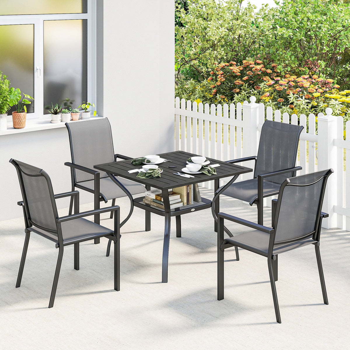 5 Piece Garden Dining Set with Stackable Chairs and Parasol Hole, Dark Grey