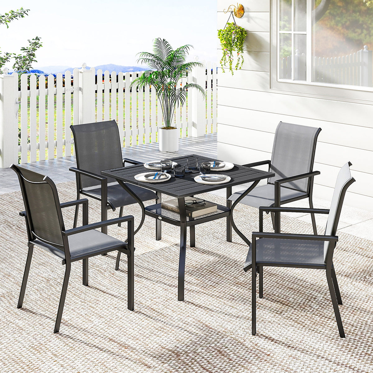 5 Piece Garden Dining Set with Stackable Chairs and Parasol Hole, Dark Grey