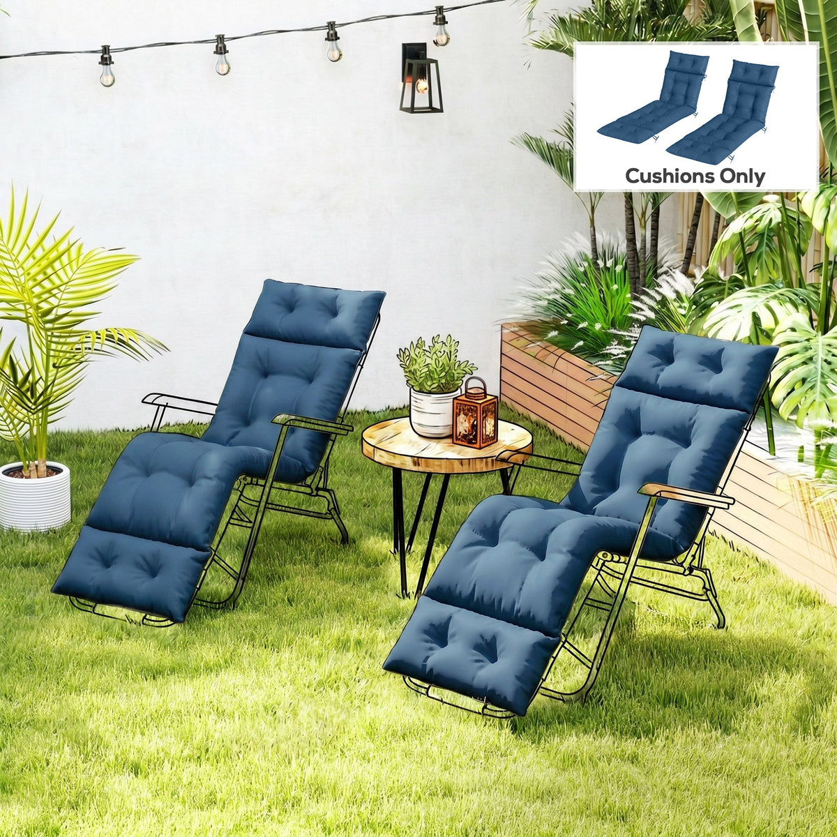 190x56x10cm Sun Lounger Cushions Set of 2 with 6 Ties, Thick 220gsm, Navy Blue