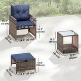 5-Piece Patio Set with Ottomans and 2-Tier Glass Table, Brown and Dark Blue