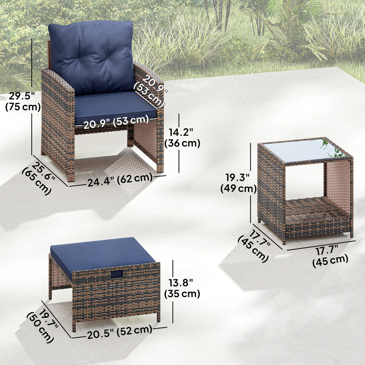 5-Piece Patio Set with Ottomans and 2-Tier Glass Table, Brown and Dark Blue