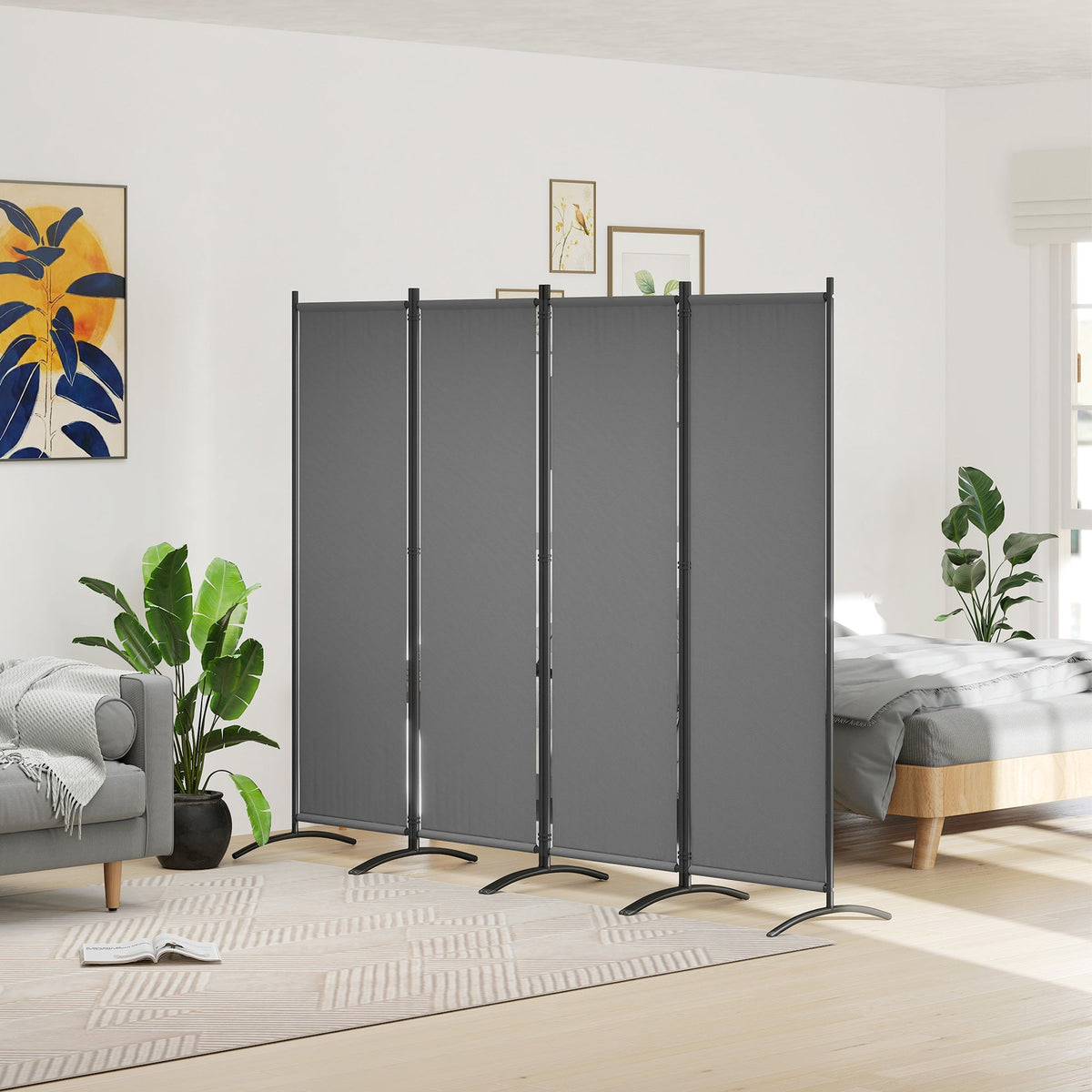 4 Panel Folding Room Divider with Wide Feet, Dark Grey