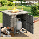 14.5 KW Rattan Gas Fire Pit Table with Cover, Wind Guard & Lid, Dark Grey