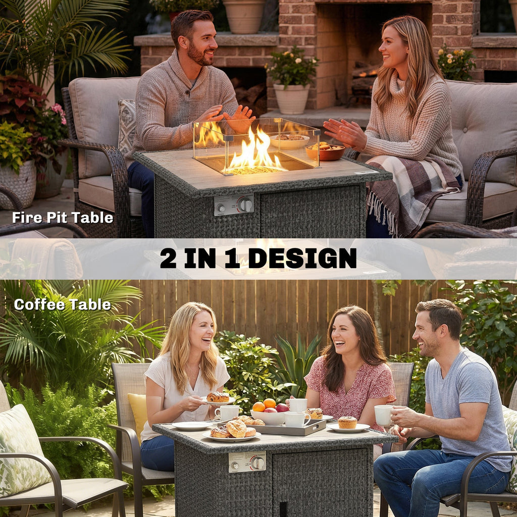 14.5 KW Rattan Gas Fire Pit Table with Cover, Wind Guard & Lid, Dark Grey