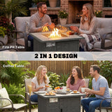 14.5 KW Rattan Gas Fire Pit Table with Cover, Wind Guard & Lid, Dark Grey