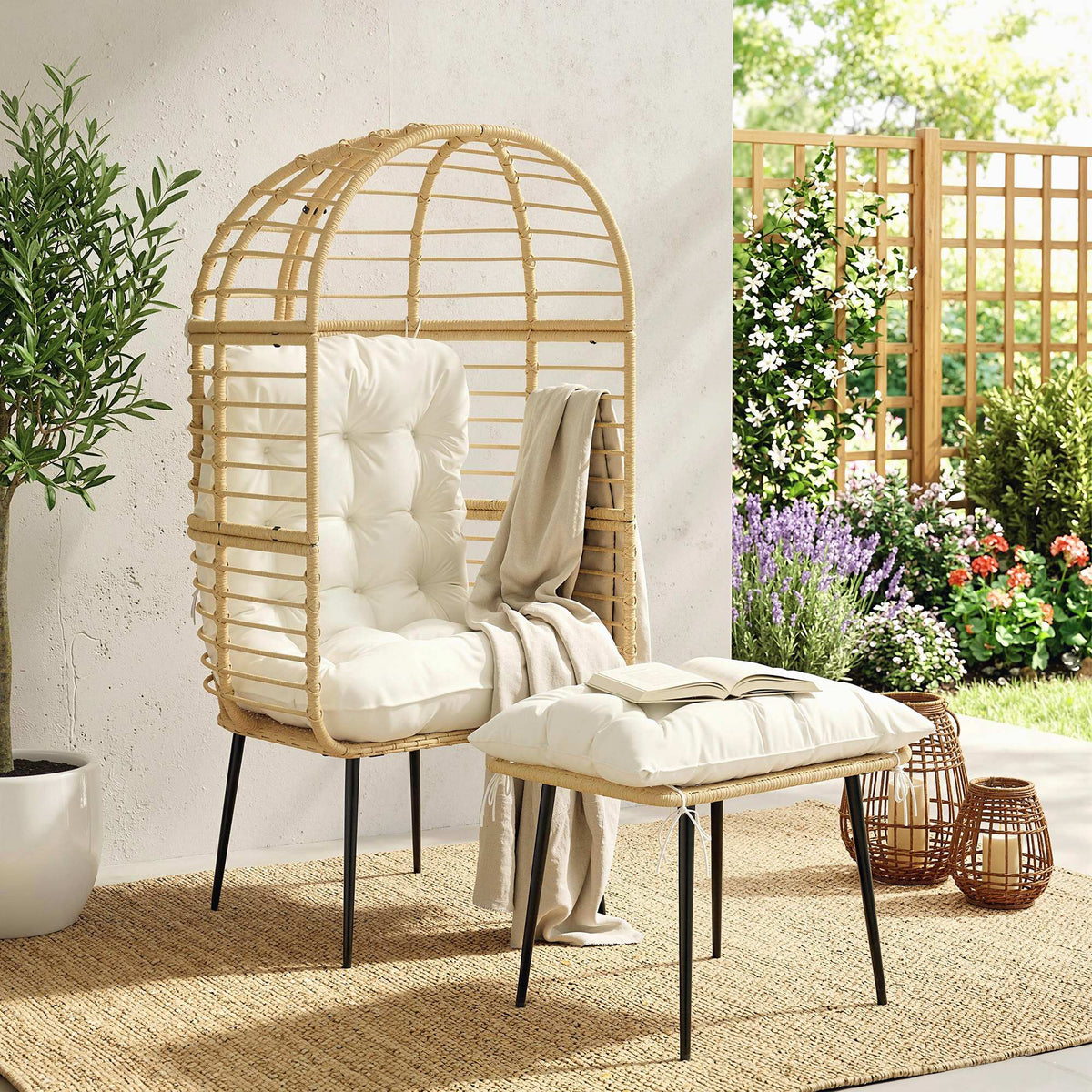 Standing Egg Chair with Footstool, PE Rattan Egg Chair with Cushions, Beige