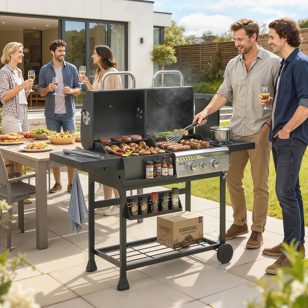 Dual Fuel BBQ Grill with Charcoal and 2+1 Gas Burners, Black