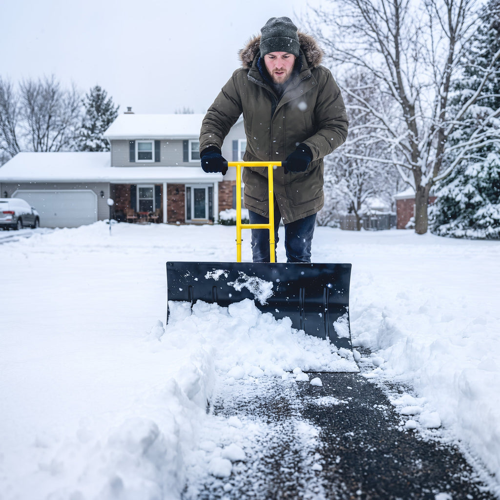 Snow Pusher with Wheels, 5-Level Handle & 7-Angle Blade, 29" x 18" Yellow