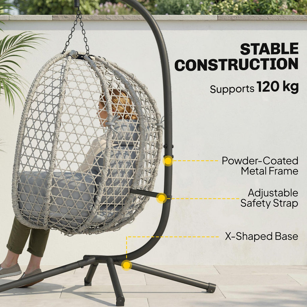 Hanging Egg Chair with Stand, Rattan Hammock, Thick Cushion, Light Grey