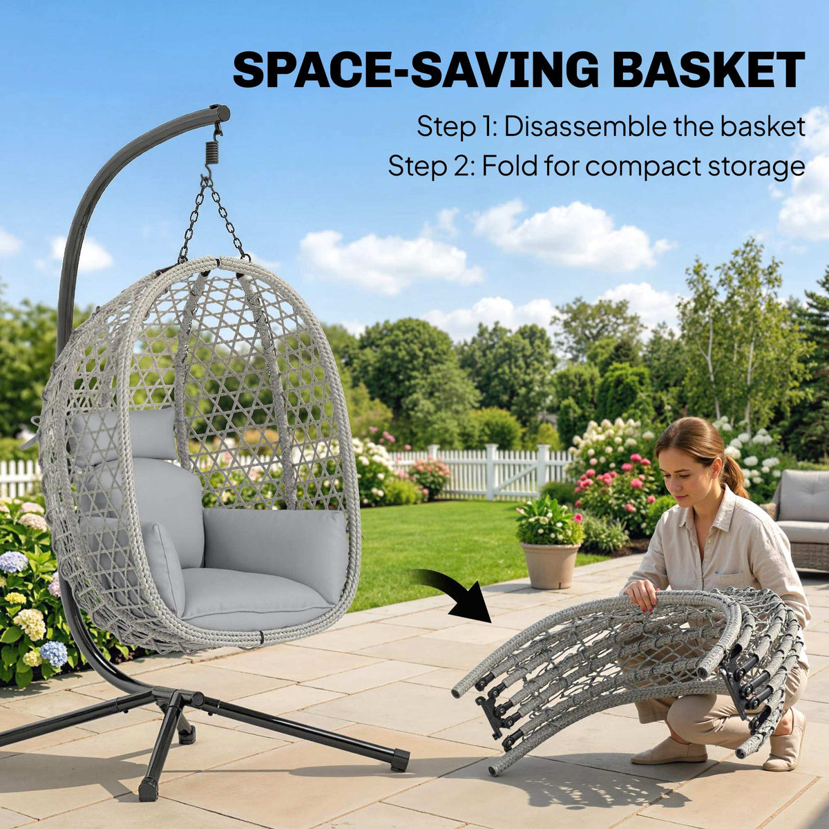 Hanging Egg Chair with Stand, Rattan Hammock, Thick Cushion, Light Grey