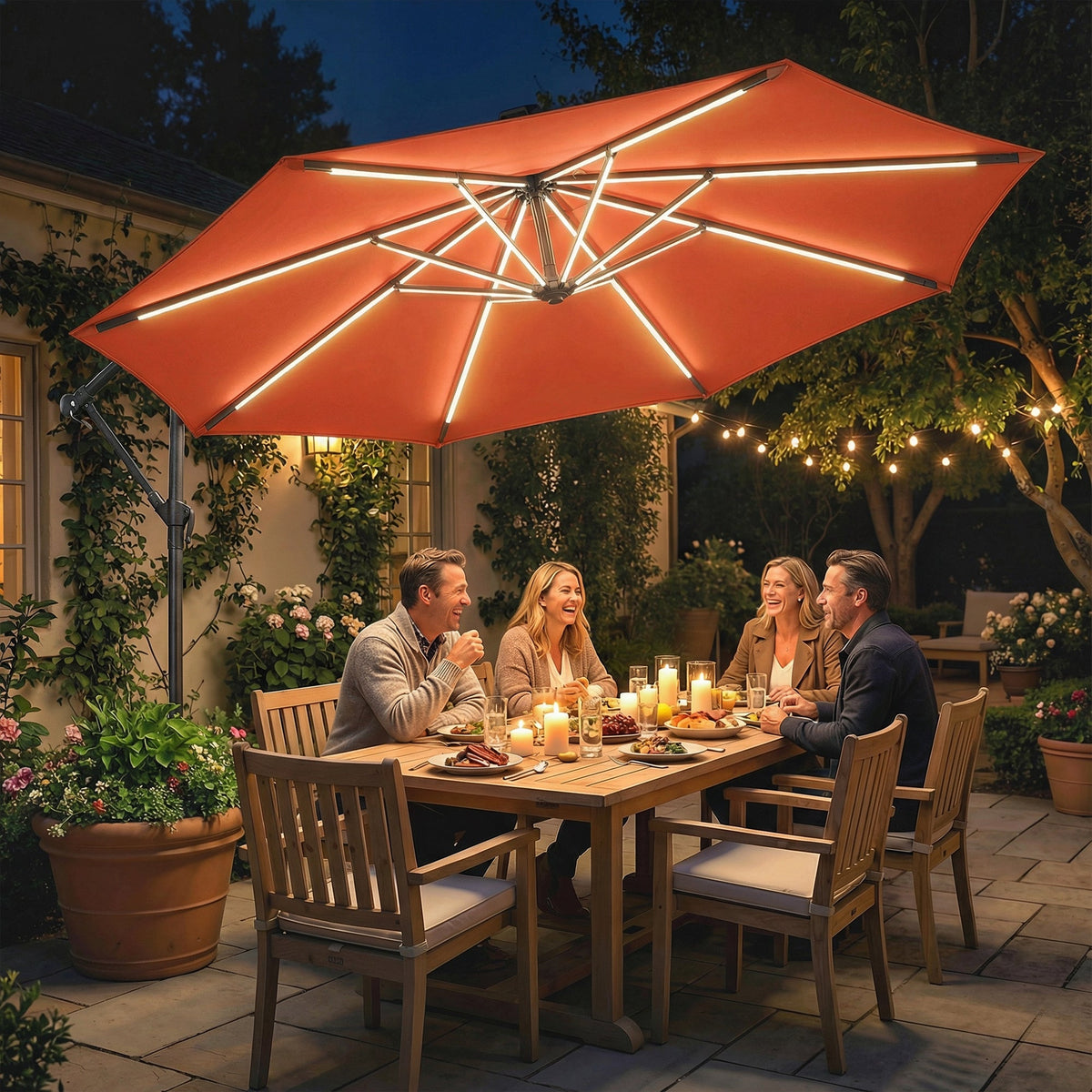 3 m Cantilever Parasol with Solar LED Light, Cover & 360° Rotation, Orange