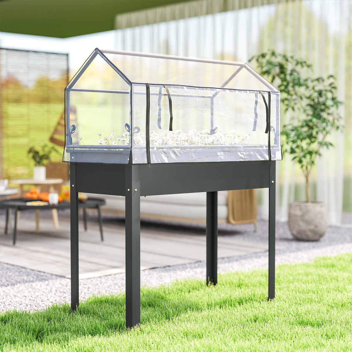 39.4" x 18.9" x 48.8" Raised Garden Bed with Cover, Dark Gray