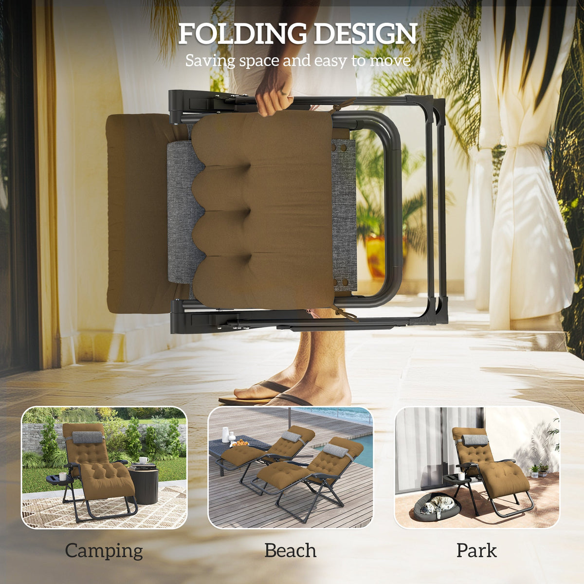 Padded Zero Gravity Chair with Cup Holder and Cushion, Light Khaki