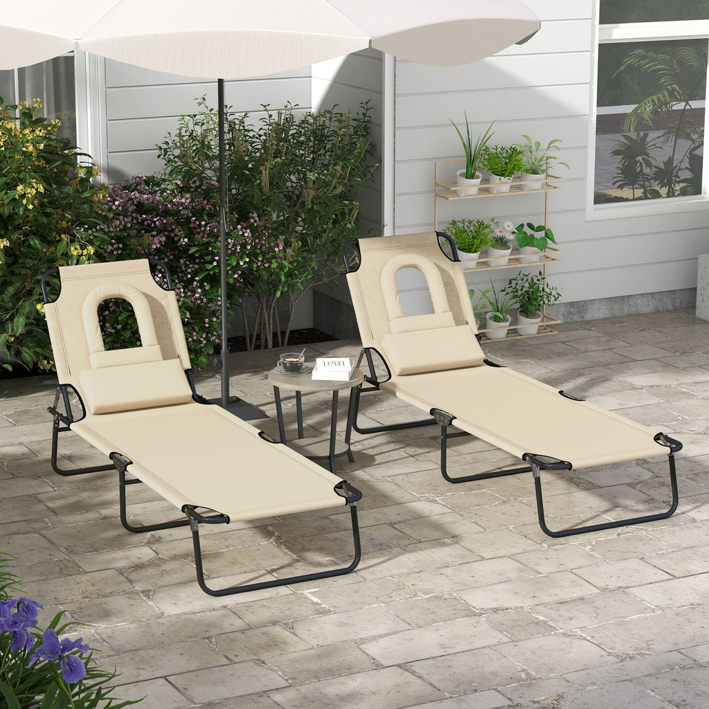 2pcs Adjustable Outdoor Lounge Chairs with Face Hole, Beige