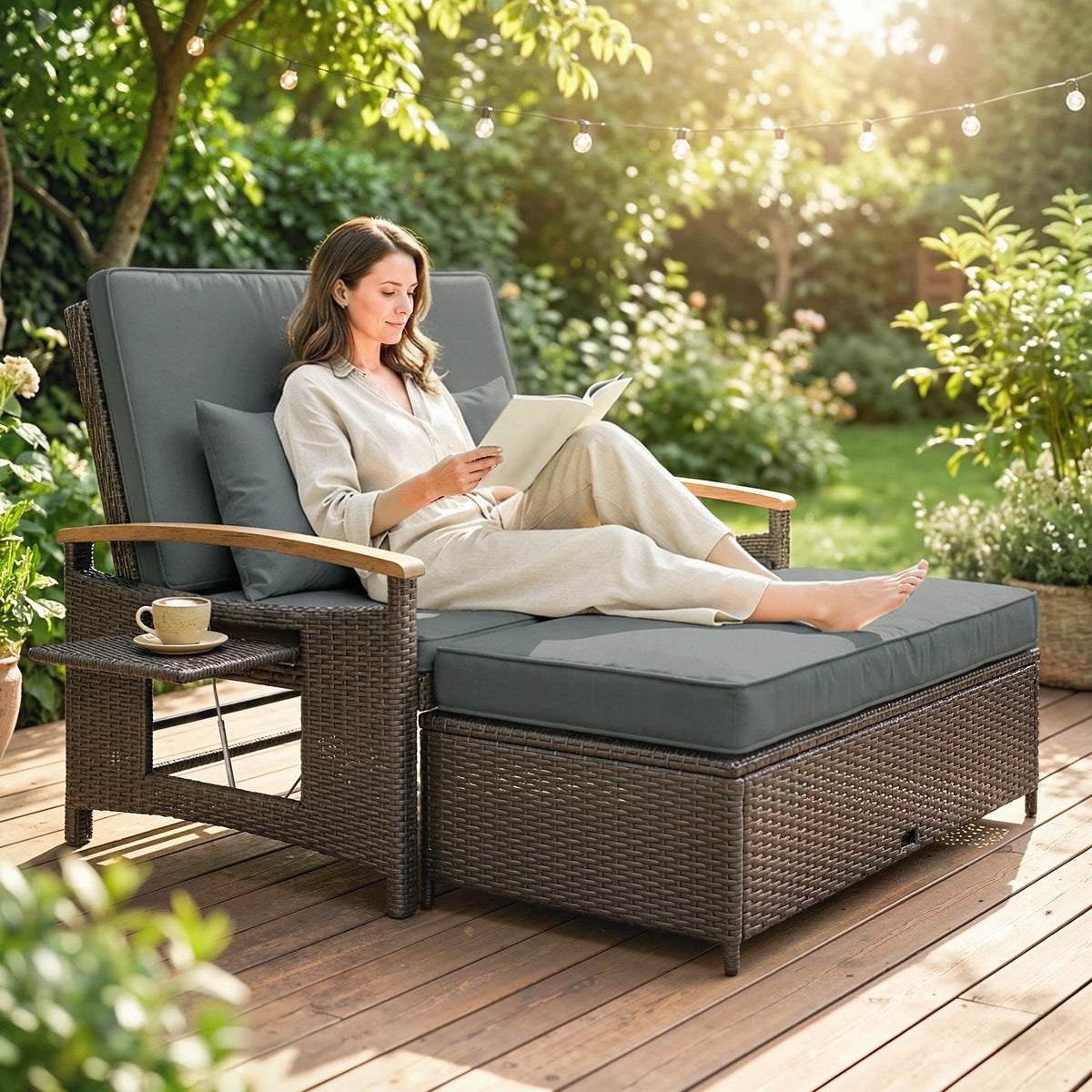 Rattan Daybed with Adjustable Backrest, Storage Ottoman, Mixed Gray