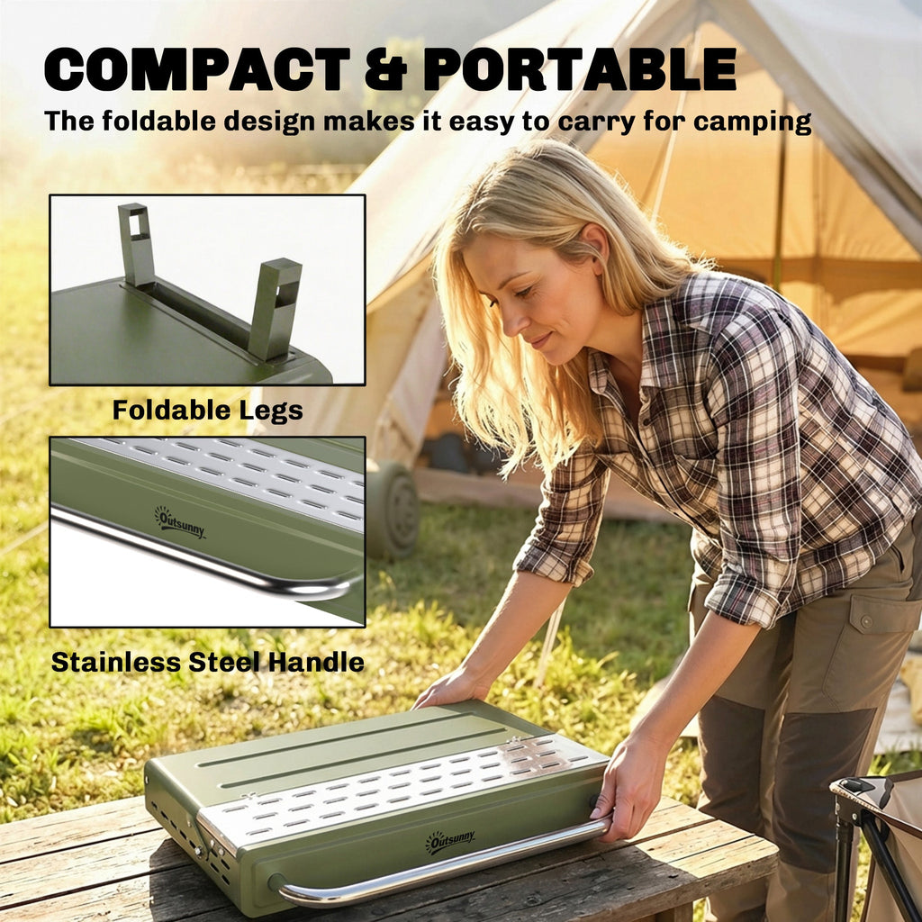 Portable Charcoal BBQ Grill with Adjustable Grates and Side Shelf, Green