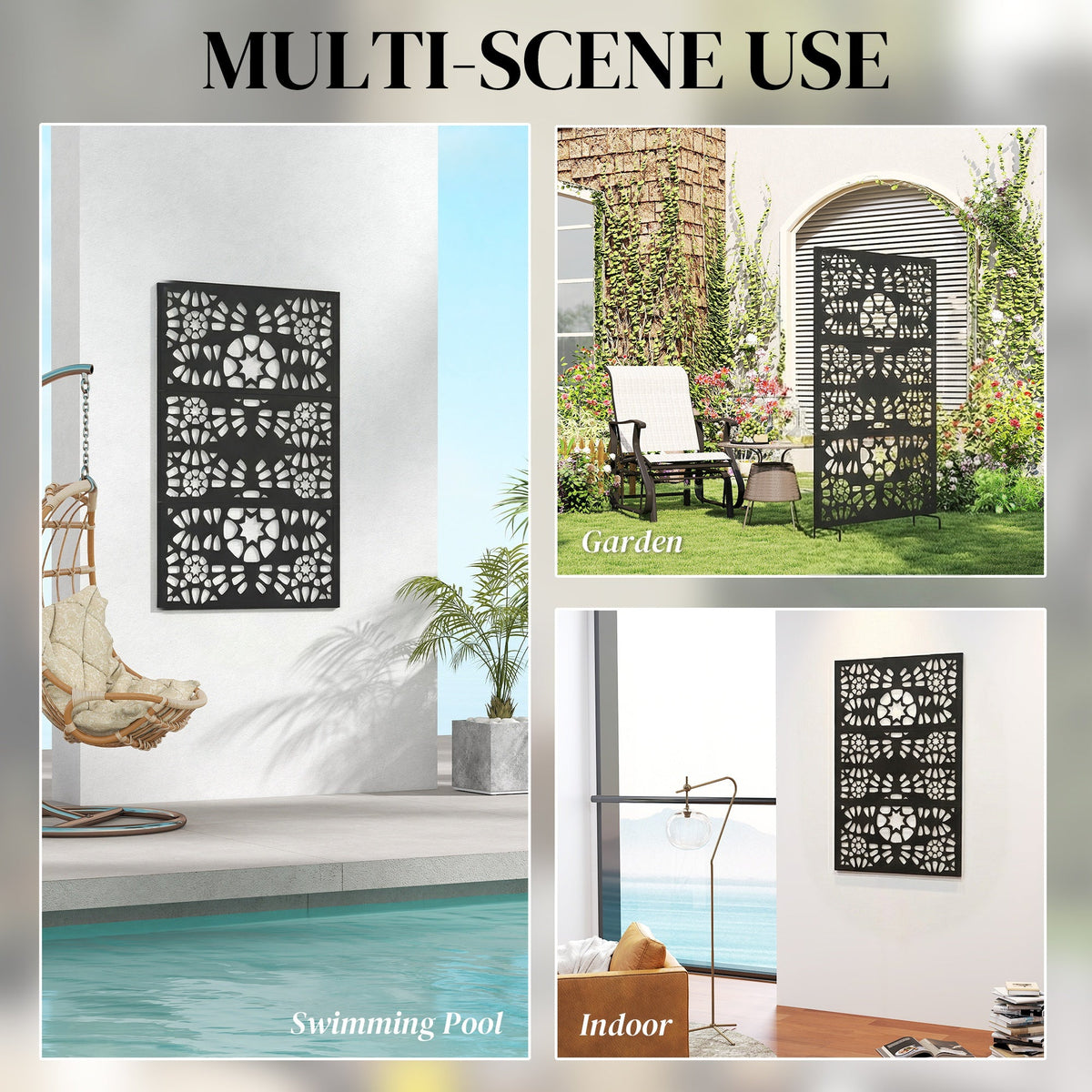 72" x 38" Metal Outdoor Privacy Screen, Symmetrical Pattern, Black