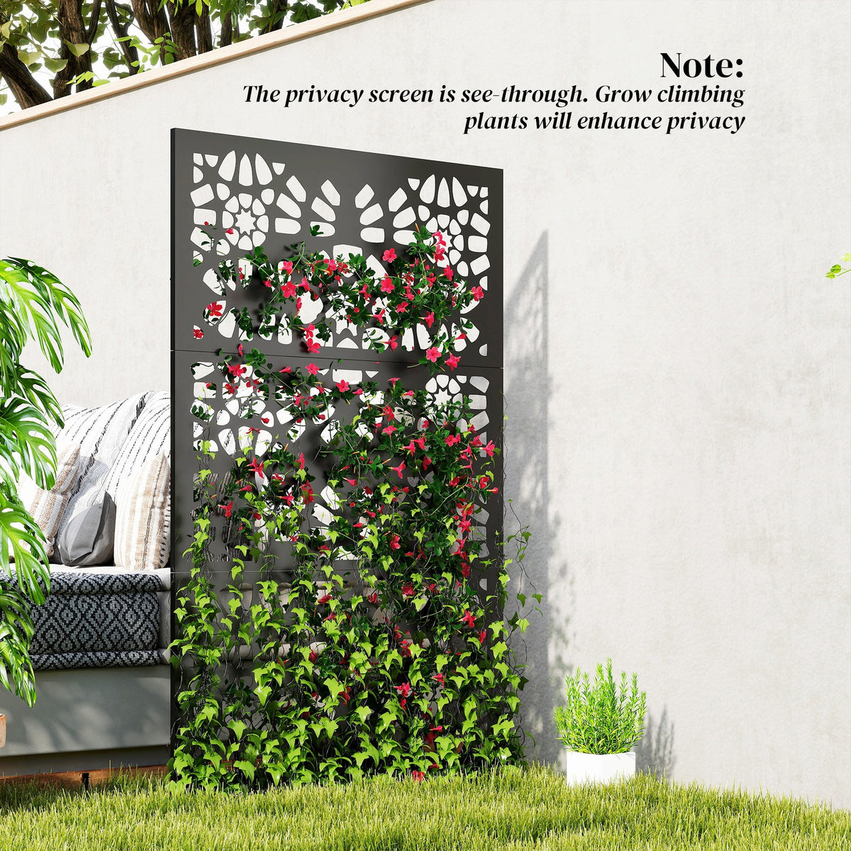 72" x 38" Metal Outdoor Privacy Screen, Symmetrical Pattern, Black