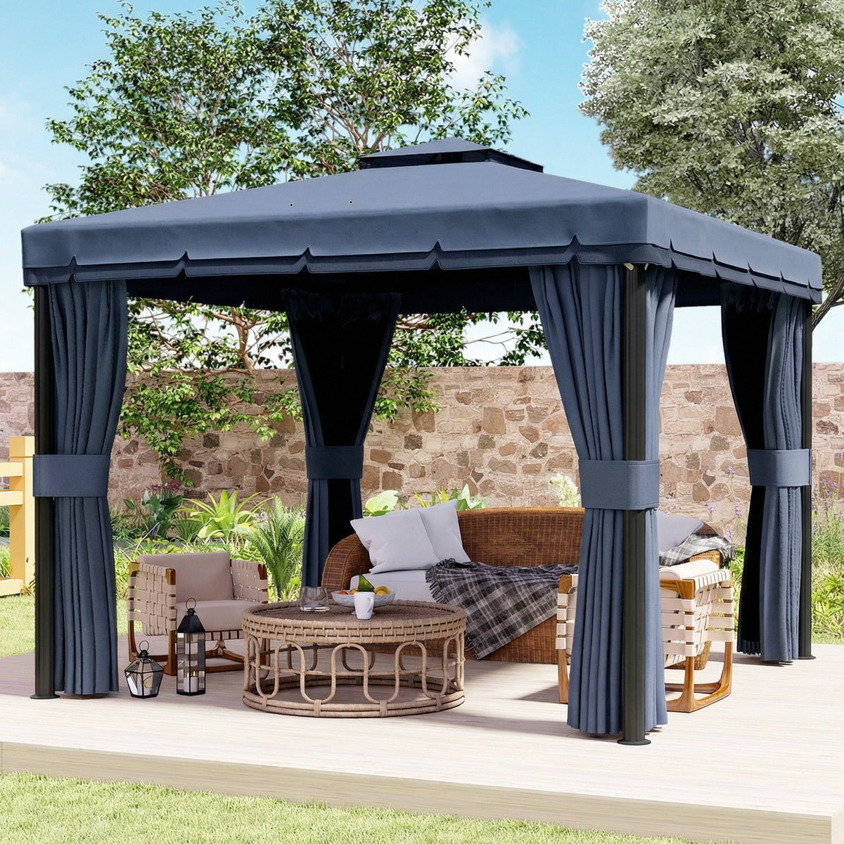 3 x 3 m Patio Gazebo with 2-Tier Roof, Netting & Curtains, Dark Blue