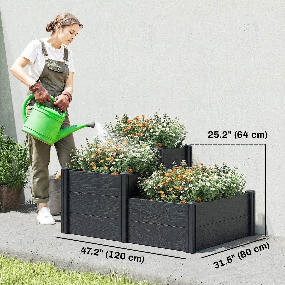 3-Tier Vinyl Raised Garden Bed with Open Bottom, Grey Wood Effect