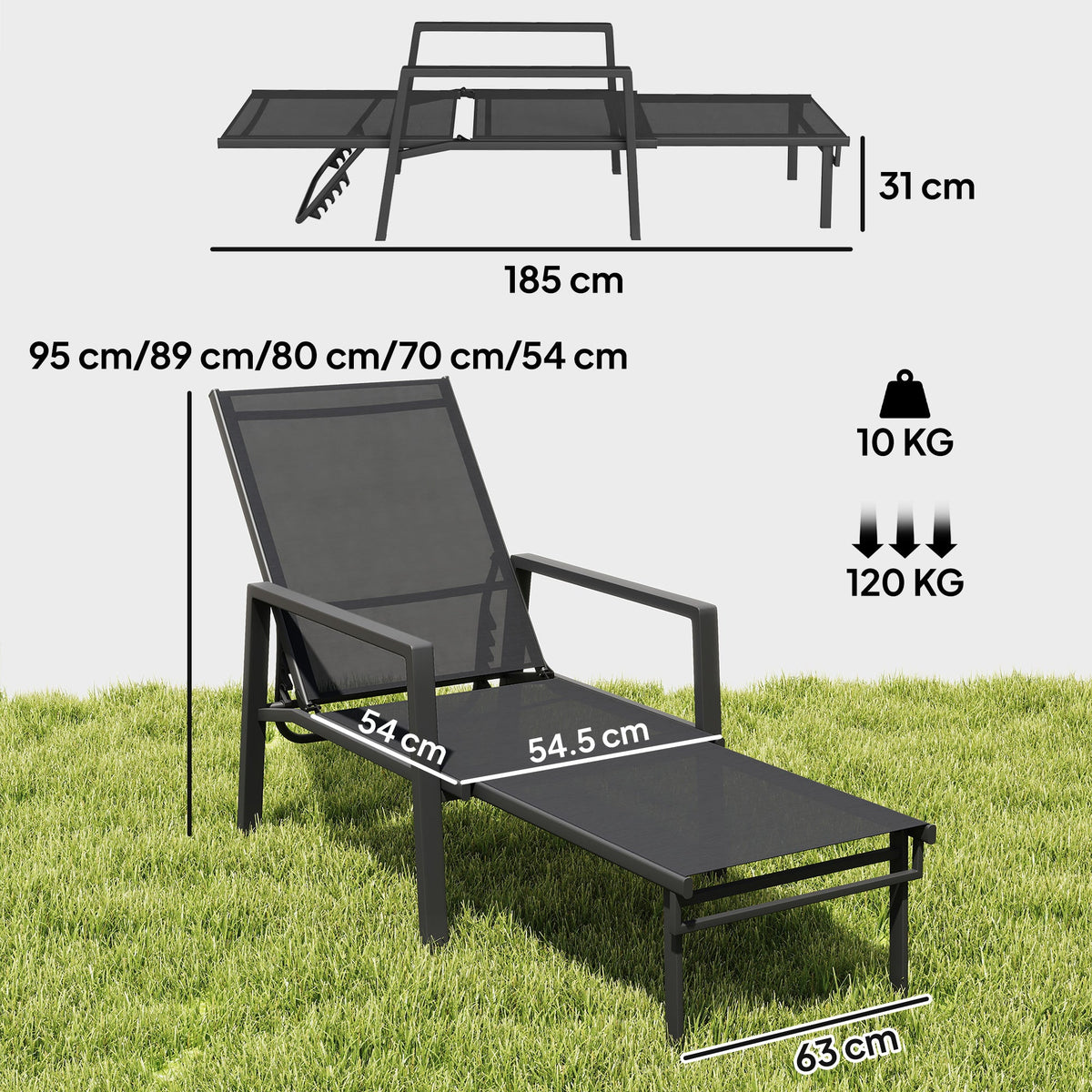 Set of 2 Adjustable Sun Loungers with Retractable Footrest, Steel Frame, Black