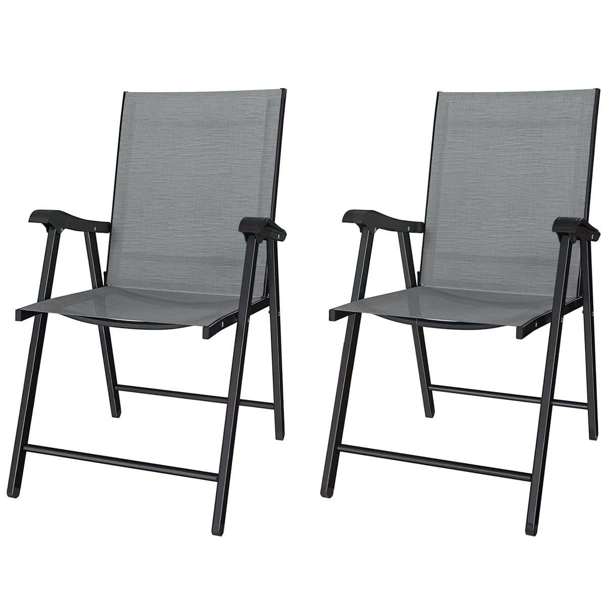 Set of 2 Folding Garden Chairs with High Back and Armrests, Light Grey