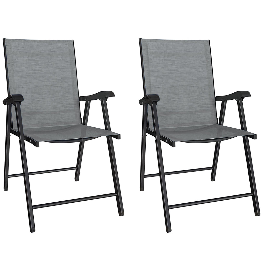 Set of 2 Folding Garden Chairs with High Back and Armrests, Light Grey