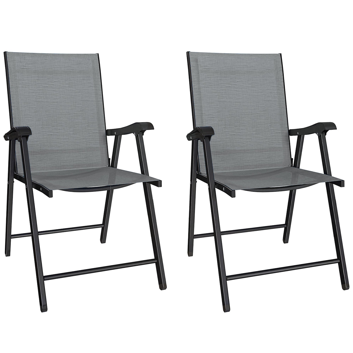 Set of 2 Folding Garden Chairs with High Back and Armrests, Light Grey