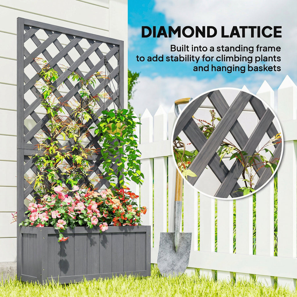 Wood Planter with Trellis and Drainage Holes, Grey