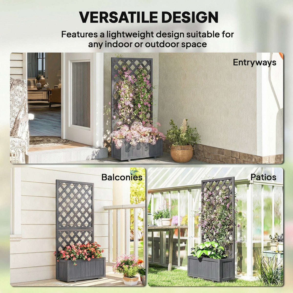 Wood Planter with Trellis and Drainage Holes, Grey