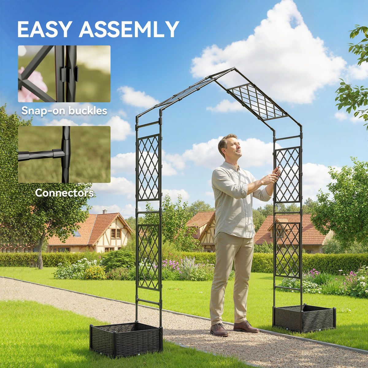 7.3ft Garden Arch with 2 Planter Boxes for Climbing Plants, Black