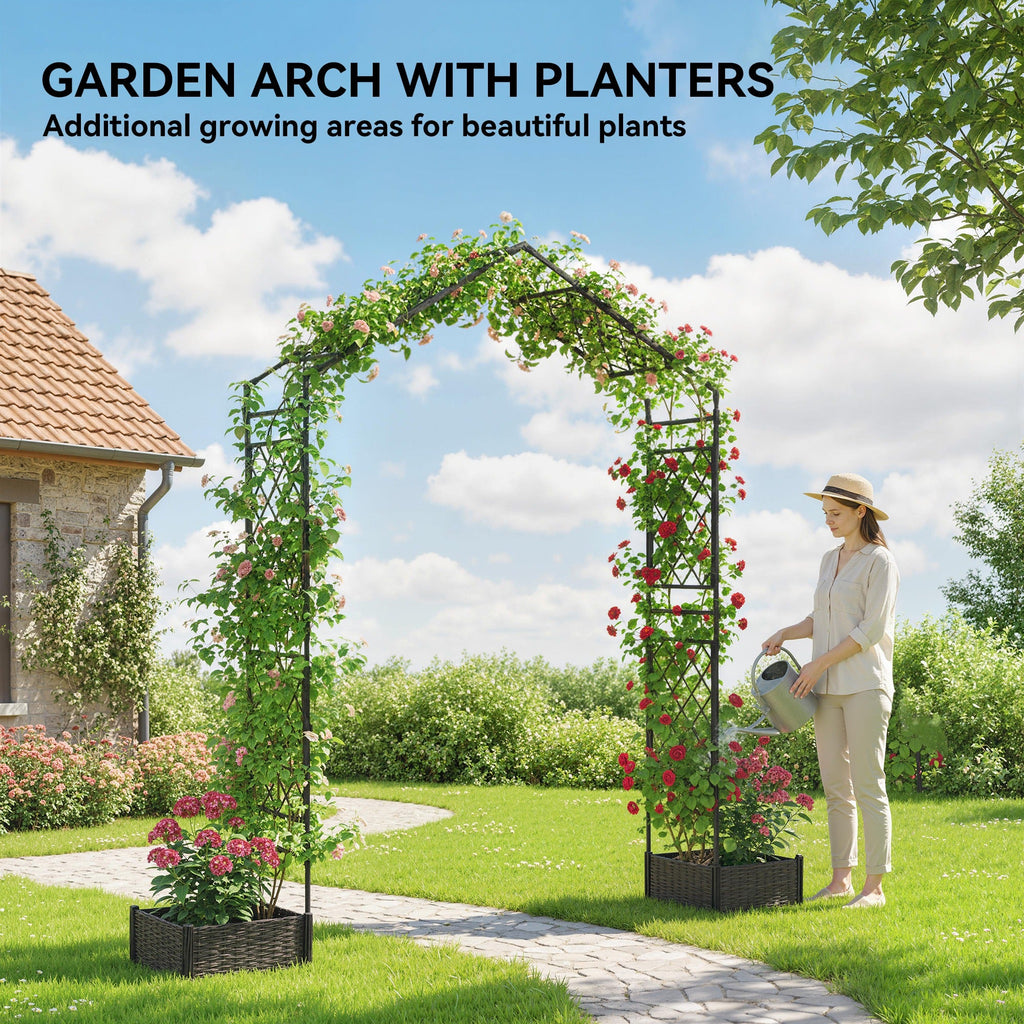 7.3ft Garden Arch with 2 Planter Boxes for Climbing Plants, Black