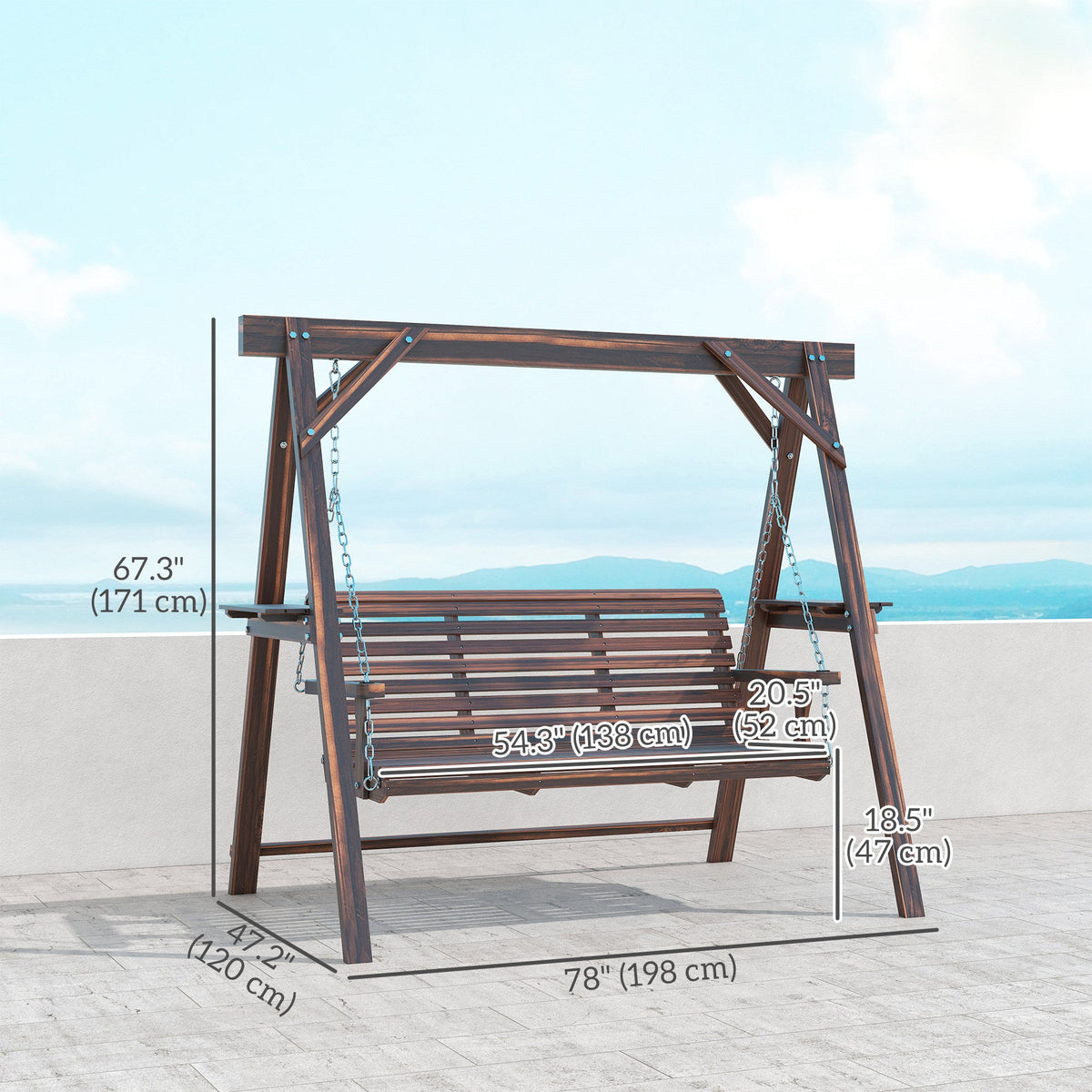 3 Seat Porch Swing with Stand and Side Tables, Carbonized Brown