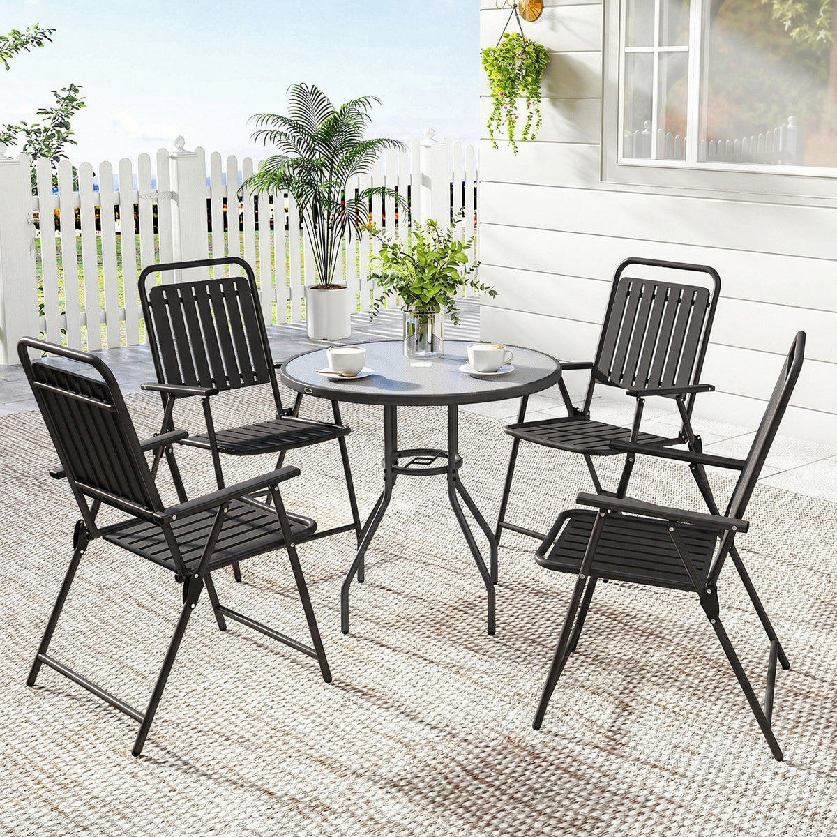 Set of 4 Folding Garden Chairs with Armrests and Slatted Seat, Black