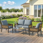 4-Seater Rattan Sofa Set with Cushions, Loveseat, 2 Armchairs & Coffee Table Grey