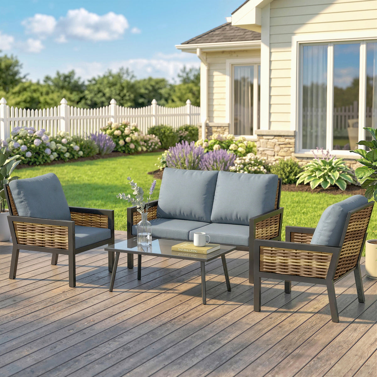 4-Seater Rattan Sofa Set with Cushions, Loveseat, 2 Armchairs & Coffee Table Grey