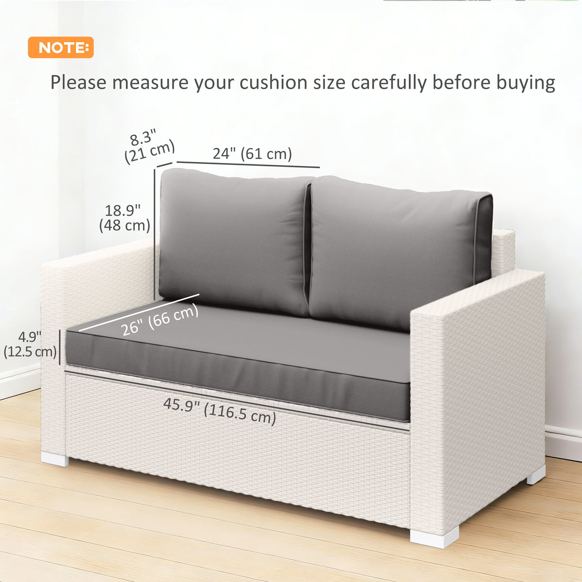 2 Seater Outdoor Seat Cushions with Backrest, Light Grey