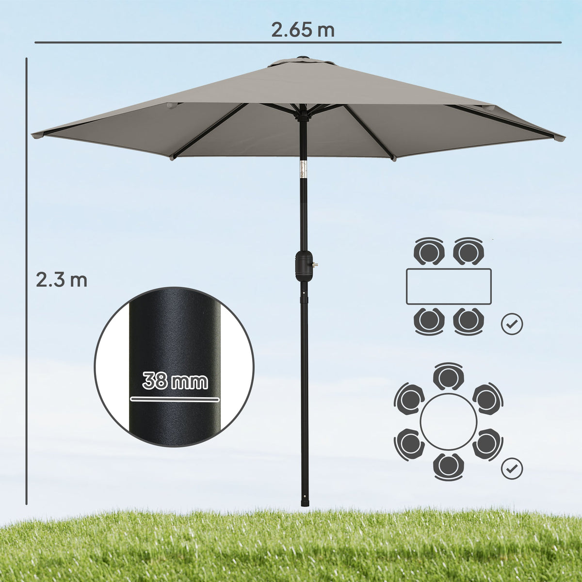2.6 m Garden Parasol with Tilt, Crank, Vent & Aluminium Pole, Light Grey
