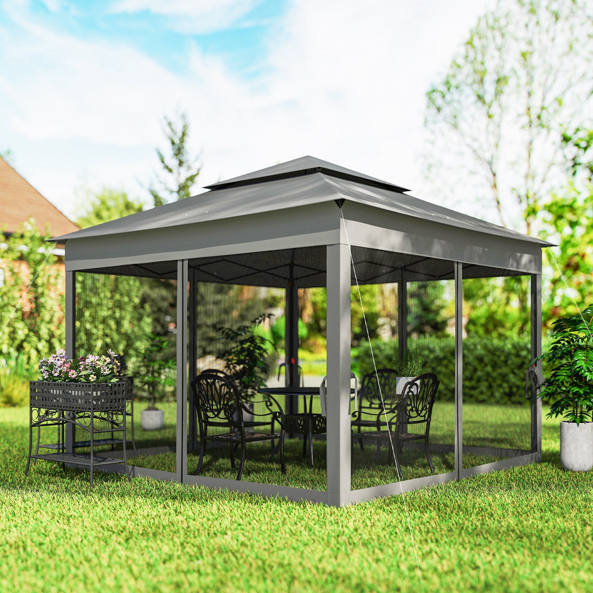 11' x 11' Pop-Up Canopy with 2-Tier Soft Top and Zipper Netting, Dark Grey